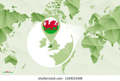 America centric world map with magnified Wales map. Green polygonal world map.