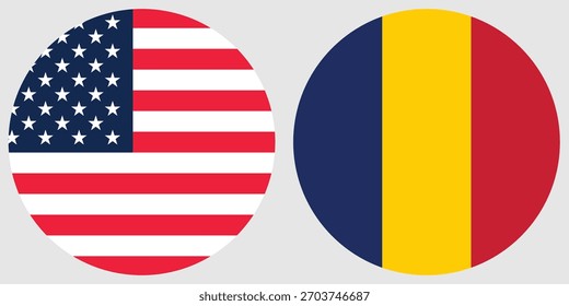 Vector e ilustración de bandera circular de América y Chad con fondo de color gris 