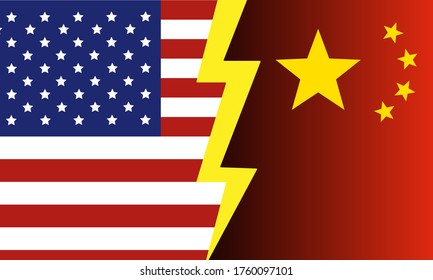 Bandera de Estados Unidos y China con truenos intermedios - Estados Unidos vs China - Guerra comercial - Ilustración de vectores
