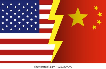 Bandera de Estados Unidos y China con truenos intermedios - Estados Unidos vs China - Guerra comercial - Ilustración de vectores