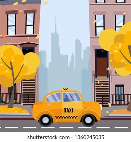 America city street. Urban landscape. Cozy yellow taxi on New York Street in residential area with yellow trees in the foreground, and silhouettes of downtown in background.Vector flat cartoon concept