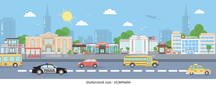 America city street. Urban landscape. School bus, poica car, stores and american flags.