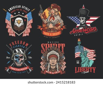 America colorful vintage set posters with brave cowgirl and Lincoln near flag with statue of liberty vector illustration