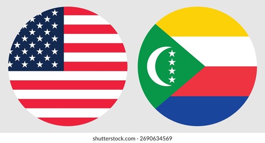 Bandera circular de América y Comoras sobre fondo gris 