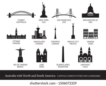 America Continent and Australia Cities Landmarks Silhouette, Capitals, Famous Place, Buildings, Travel and Tourist Attraction