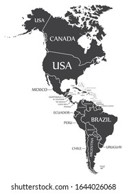Mapa del continente americano con países y etiquetas negras