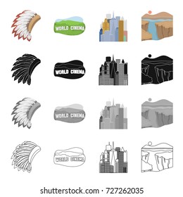 America, country, tourism and other web icon in cartoon style. Waterfall, mountains, stones, icons in set collection.