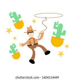 america cowboy and cactus cartoon doodle flat design style vector illustration