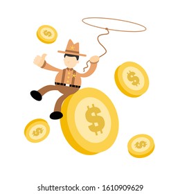 america cowboy and gold coin money cartoon doodle flat design style vector illustration