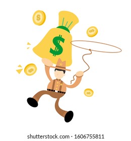 america cowboy pick gold money dollar bag cartoon doodle flat design style vector illustration