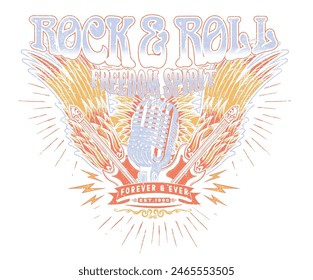 Diseño de póster de rock and roll de águila americana. Arte del festival de música. Diseño de camiseta de Vector con alas de águila. Recorrido musical por Freedom. Obra de arte vintage de espíritu libre.