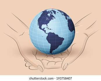 America earth world hold two human hands across vector illustration