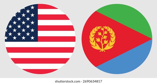 Vetor de bandeira circular dos Estados Unidos e da Eritreia com fundo cinza 