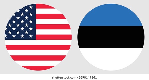 Vector circular de la bandera de América y Estonia con el fondo gris 