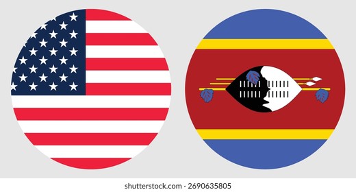 Vector de bandera circular de América y Eswatini con fondo gris 
