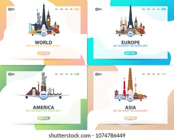 America, Europe, Asia, World. Set of Travel banners or web template for web site or landing page. Time to travel. Vector UI