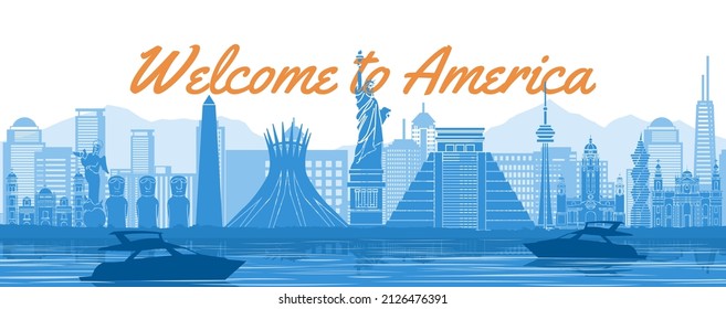 america famous landmark with blue and white color design,vector illustration