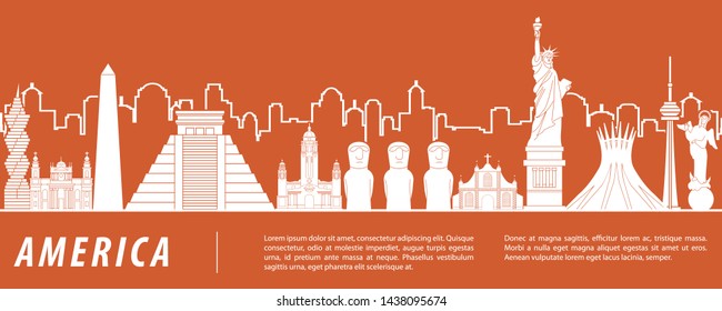 America famous landmark silhouette with orange and white color design,vector illustration