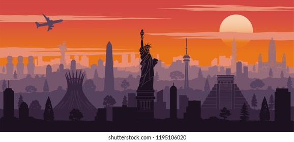 america famous landmark silhouette style with row design on sunset time,vector illustration