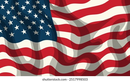 America Flag Background. Waving American Flag Close-up. Stylized USA Flag Vector Illustration.