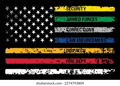 America flag with colored lines represent corrections, dispatchers, firefighters, emergency medical services, law enforcement and military.