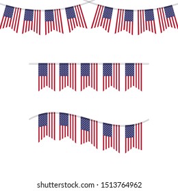 America flag garland set. USA flag bunting. Patriotic illustration. 4th of july,independence, labor, veterans, memorial, president day decoration