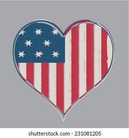 America flag  heart  illustration, t-shirt graphics, vectors