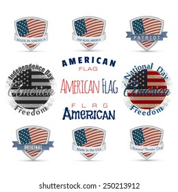 america flag independence patriot logo label ribbon shield Independence Day July 4th Made in America original lettering calligraphy. EPS10