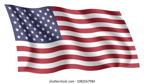 America flag. Isolated national flag of United States (US). Waving flag of the United States of America (USA). Fluttering textile american flag. The Stars and Stripes. Red, White, and Blue. Old Glory.