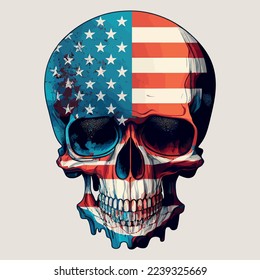 America Flag painted on a skull head  Vector Illustration. Made in the USA stamp, T-Shirt grunge graphics. Watercolor brush textured demonic American flag print.