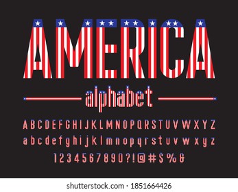 America flag style alphabet design with uppercase, lowercase, numbers and symbols