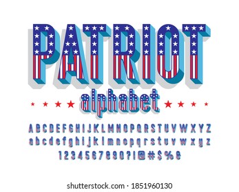 America flag style alphabet design with uppercase, lowercase, numbers and symbols