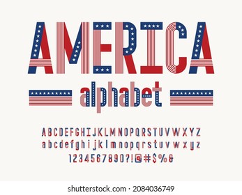 America flag style alphabet design with uppercase, lowercase, numbers and symbols