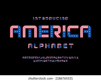 America flag style alphabet design with uppercase, numbers and symbols