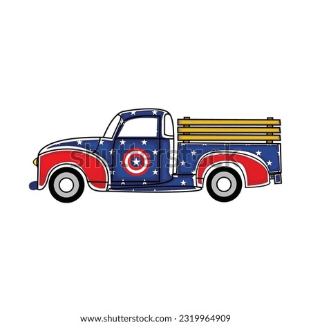 America flag style truck illustration vector graphic. Perfect for 4th of july celebration