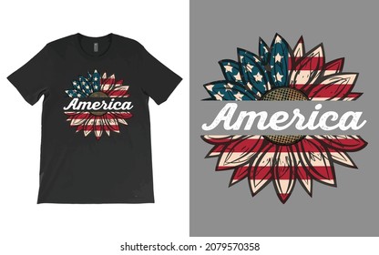 America Flag Sunflower T-Shirt Vector Design, American Flag Sunflower, Sunflower T-shirt With Flag Storm, fourth of July, USA, 4th of July shirt.