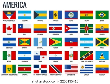 America flags. All official national flags of the America