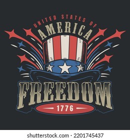 America freedom colorful poster vintage congratulations on anniversary independence day with numbers 1776 under hat in colors flag vector illustration