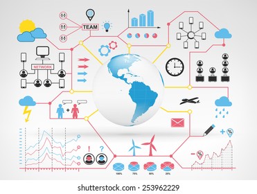 America globe map with blue red info graphic icons and graphs around vector background for web and media design collection illustration