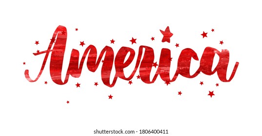 America - handwritten modern calligraphy lettering with stars decoration. Independence day (4th of July) in USA holiday concept. Template for holiday background, invitation, flyer, etc. 