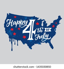 America Happy 4th of July. Independence Day. Vector illustration template with celebratory lettering on the map of America. 