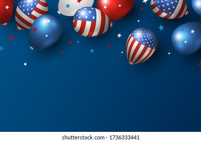 America holiday banner design of USA balloons on blue background with copy space vector illustration