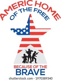 America home of the free because of the Brave USA Memorial Day greeting card with brush stroke background in United States national flag colors. Vector illustration.