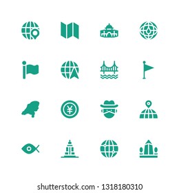 america icon set. Collection of 16 filled america icons included Obelisk, World, Empire state, Fisheye, Earth globe, Cowboy, Yen, Map, Flag, Golden gate, Globe, Global, Dome