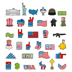 America Icon Set. National Sign Of USA. American Flag And Statue Of Liberty. White House And  Dollar. Map Of United States. Uncle Sam And Moon. Elephant And Donkey. Eagle And Baribal Bearl. Symbol US