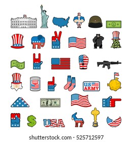 America icon set. National sign of USA. American flag and Statue of Liberty. White House and  dollar. Map of United States. Uncle Sam and moon. Elephant and donkey. Eagle and baribal bearl. symbol US