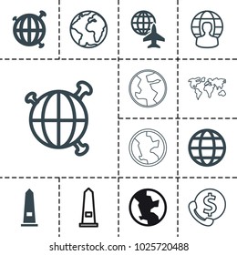 America icons. set of 13 editable filled and outline america icons such as globe, bank support, planet, user globe, monument, world map