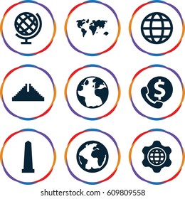 America icons set. set of 9 america filled icons such as globe, Chichen Itza, monument, globe in gear, planet, world map