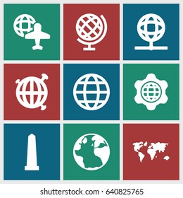 America icons set. set of 9 america filled icons such as globe, monument, globe and plane, globe in gear