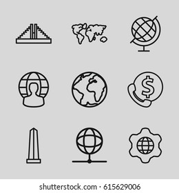 America icons set. set of 9 america outline icons such as Chichen Itza, monument, globe in gear, globe, user globe, world map, bank support